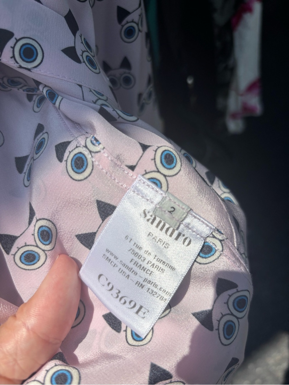 Sandro Light Pink Button-Down Shirt with Black Cat-Eye Print - Picture 3 of 3